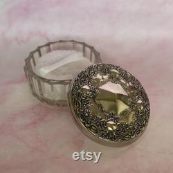 Vintage Dresser Dish, Vanity Glass Jar Silver Plate Ornate Floral and Scrolls Lid, Retro Vanity