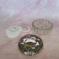 Vintage Dresser Dish, Vanity Glass Jar Silver Plate Ornate Floral and Scrolls Lid, Retro Vanity