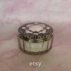 Vintage Dresser Dish, Vanity Glass Jar Silver Plate Ornate Floral and Scrolls Lid, Retro Vanity