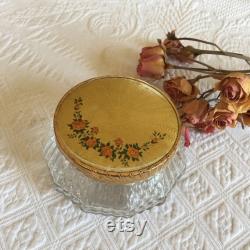 Vintage Dresser Jar. Textured Glass With Gold Lid With Rose Spray on One Side. All Over Lovely Textured Designs.