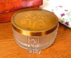 Vintage Dresser Powder Jar, 1930s flower vanity glass jar with metal gold tone cover