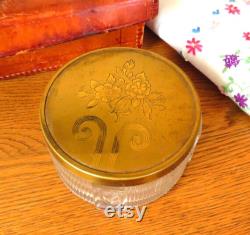 Vintage Dresser Powder Jar, 1930s flower vanity glass jar with metal gold tone cover