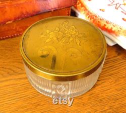 Vintage Dresser Powder Jar, 1930s flower vanity glass jar with metal gold tone cover