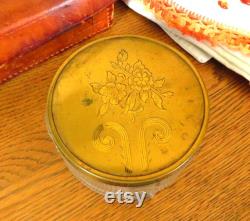 Vintage Dresser Powder Jar, 1930s flower vanity glass jar with metal gold tone cover