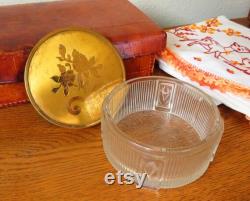 Vintage Dresser Powder Jar, 1930s flower vanity glass jar with metal gold tone cover