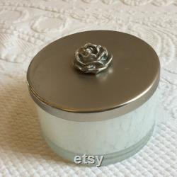 Vintage Dresser Powder Jar with Metal Lid with Dimensional Rose. White and Clear Marbleized Jar. Use to Collect Trinkets or Powder.