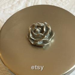 Vintage Dresser Powder Jar with Metal Lid with Dimensional Rose. White and Clear Marbleized Jar. Use to Collect Trinkets or Powder.