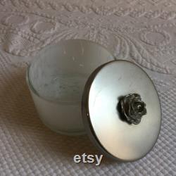 Vintage Dresser Powder Jar with Metal Lid with Dimensional Rose. White and Clear Marbleized Jar. Use to Collect Trinkets or Powder.