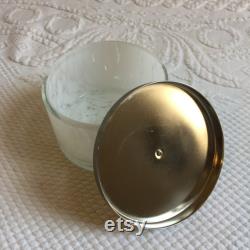 Vintage Dresser Powder Jar with Metal Lid with Dimensional Rose. White and Clear Marbleized Jar. Use to Collect Trinkets or Powder.