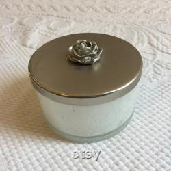 Vintage Dresser Powder Jar with Metal Lid with Dimensional Rose. White and Clear Marbleized Jar. Use to Collect Trinkets or Powder.
