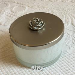 Vintage Dresser Powder Jar with Metal Lid with Dimensional Rose. White and Clear Marbleized Jar. Use to Collect Trinkets or Powder.