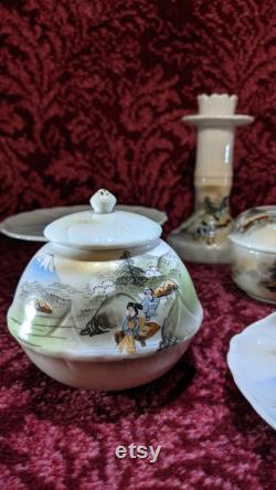 Vintage Dresser Vanity Set 7pc. Bone China Japan Hand Painted Scenery