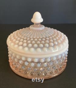 Vintage Duncan and Miller Pink Glass Opalescent Hobnail Powder Box.