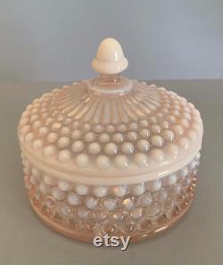 Vintage Duncan and Miller Pink Glass Opalescent Hobnail Powder Box.