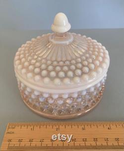 Vintage Duncan and Miller Pink Glass Opalescent Hobnail Powder Box.