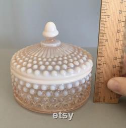 Vintage Duncan and Miller Pink Glass Opalescent Hobnail Powder Box.