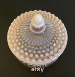 Vintage Duncan and Miller Pink Glass Opalescent Hobnail Powder Box.