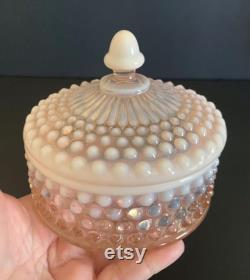 Vintage Duncan and Miller Pink Glass Opalescent Hobnail Powder Box.