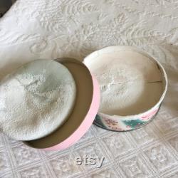 Vintage Dusting Powder. Irresistible Body Dusting Powder. 1950s Pink, Teal and White Ribbon and Floral Container. Full Box of Powder.