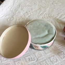 Vintage Dusting Powder. Irresistible Body Dusting Powder. 1950s Pink, Teal and White Ribbon and Floral Container. Full Box of Powder.