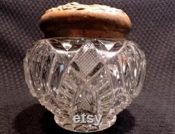 Vintage EAPG Cosmetic Clear Glass Jar With Gold Colored Metal Lid From The Early 1900's