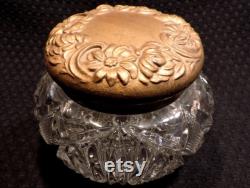 Vintage EAPG Cosmetic Clear Glass Jar With Gold Colored Metal Lid From The Early 1900's