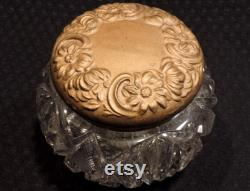 Vintage EAPG Cosmetic Clear Glass Jar With Gold Colored Metal Lid From The Early 1900's