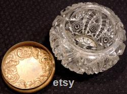 Vintage EAPG Cosmetic Clear Glass Jar With Gold Colored Metal Lid From The Early 1900's