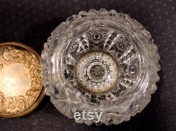 Vintage EAPG Cosmetic Clear Glass Jar With Gold Colored Metal Lid From The Early 1900's