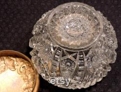 Vintage EAPG Cosmetic Clear Glass Jar With Gold Colored Metal Lid From The Early 1900's