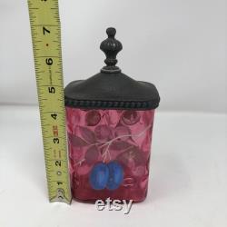 Vintage Early 1900 s Victorian Vanity Powder Jar Cranberry Painted Glass