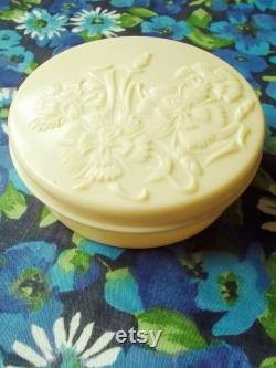 Vintage Early Plastic Powder Pot with Lid Berton of London 1930s Dianthus flowers Cream colour Art Deco Powder Bowl Lightly used