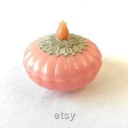 Vintage Elusive Beauty Dust Powder Box Pink with Silver Detail and Tuilp Finial to Top of Scalloped Box, Vanity, Trinket Dish, Powder Room