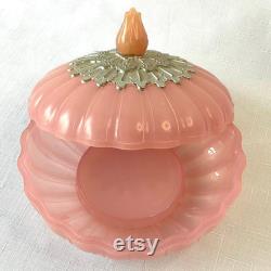 Vintage Elusive Beauty Dust Powder Box Pink with Silver Detail and Tuilp Finial to Top of Scalloped Box, Vanity, Trinket Dish, Powder Room