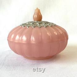 Vintage Elusive Beauty Dust Powder Box Pink with Silver Detail and Tuilp Finial to Top of Scalloped Box, Vanity, Trinket Dish, Powder Room