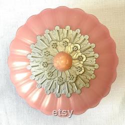 Vintage Elusive Beauty Dust Powder Box Pink with Silver Detail and Tuilp Finial to Top of Scalloped Box, Vanity, Trinket Dish, Powder Room