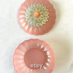 Vintage Elusive Beauty Dust Powder Box Pink with Silver Detail and Tuilp Finial to Top of Scalloped Box, Vanity, Trinket Dish, Powder Room