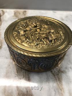 Vintage Embossed Brass loose Powder Case Glass Liner or trinket box