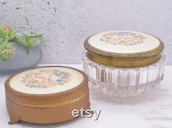 Vintage Embroidered Powder Jar and Jewellery Box