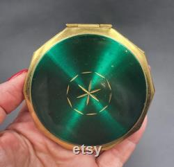 Vintage Emerald Green Enamel Brass Compact USSR Made