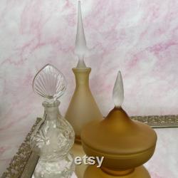 Vintage Empoli Frosted Satin Amber Glass Vanity Jar, Satin Italian Glass Bottle With Tall Frosted Clear Stopper
