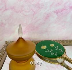 Vintage Empoli Frosted Satin Amber Glass Vanity Jar, Satin Italian Glass Bottle With Tall Frosted Clear Stopper