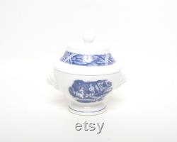 Vintage Estee Lauder Trinket Box Lion Head Handles Powder Jar Blue and White Quatre Saisons Made in Japan Rose Bud Finial Chinoiserie Decor