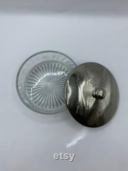 Vintage Etched Glass Vanity Powder Jar with Metal Lid