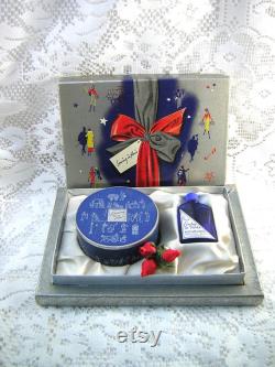 Vintage Evening in Paris Gift Box Bourjois 1940s Christmas Gift Set, Unopened Powder Rachel No.2, Empty Cobalt Glass Perfume Bottle, EIP