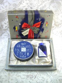 Vintage Evening in Paris Gift Box Bourjois 1940s Christmas Gift Set, Unopened Powder Rachel No.2, Empty Cobalt Glass Perfume Bottle, EIP
