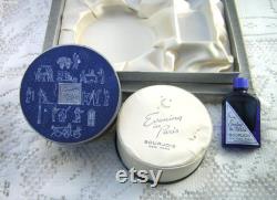 Vintage Evening in Paris Gift Box Bourjois 1940s Christmas Gift Set, Unopened Powder Rachel No.2, Empty Cobalt Glass Perfume Bottle, EIP