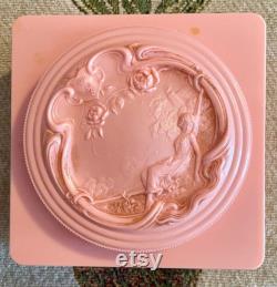 Vintage Evyan Pink Bakelite Screw Top Lid Powder Box w Carved Pastoral Scene