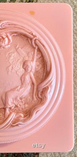 Vintage Evyan Pink Bakelite Screw Top Lid Powder Box w Carved Pastoral Scene