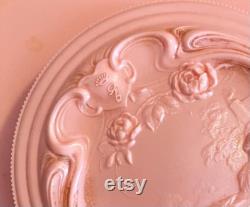 Vintage Evyan Pink Bakelite Screw Top Lid Powder Box w Carved Pastoral Scene
